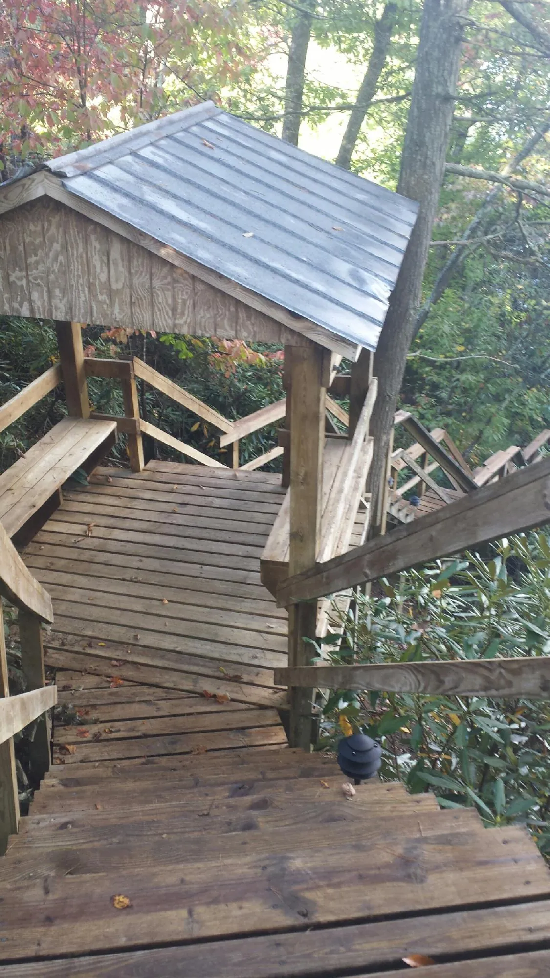 Metal roofed shelter over wooden steps on a wooded walkway — Skylight Repair & Installation work by our crew in Spring Church